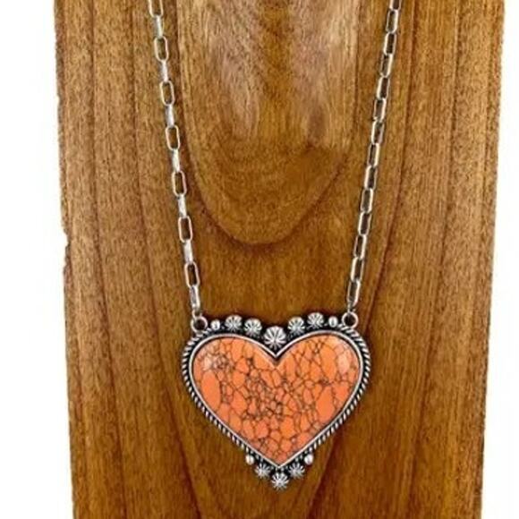 Orange Stone Heart Necklace Paper Clip Chain - Picture 2 of 2